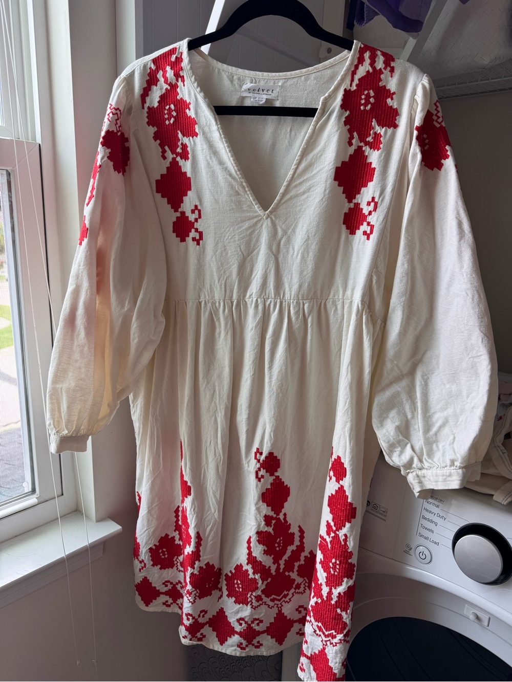 Velvet by Graham & Spencer - Jora Embroidered Peasant Midi Cream Red Dress - Picture 5 of 8